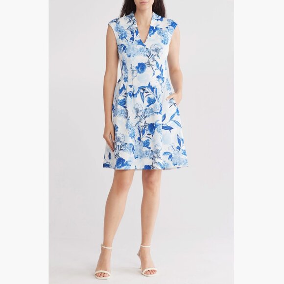 VINCE CAMUTO Floral Scuba Knit Fit & Flare Dress, White/Blue, Size 12, NWT - Picture 2 of 10